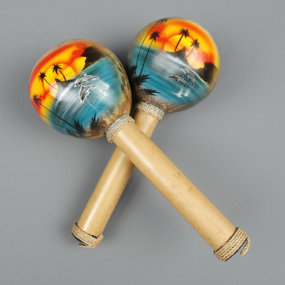 Pair of Maracas Hand Painted Tropical Sunset Dolphin Percussion 10'' Shakers
